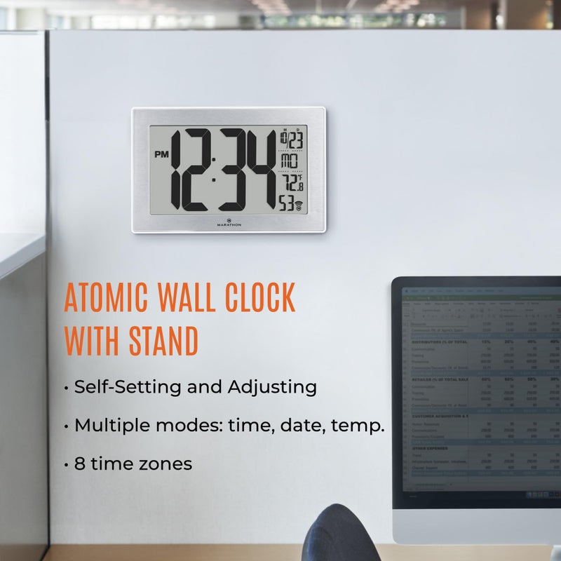 MARATHON Atomic Wall Clock with Stand, Black Frame/Stainless Steel Finish - Large, 9-Inch Display - AM/PM or 24-Hour Time Format, Eight Time Zones & Indoor Temperature - Two AA Batteries Included - Image 2